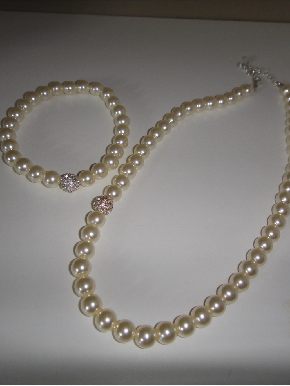 Classic Cream Pearl Necklace, Bracelet, Earrings Set with Crystal Accent